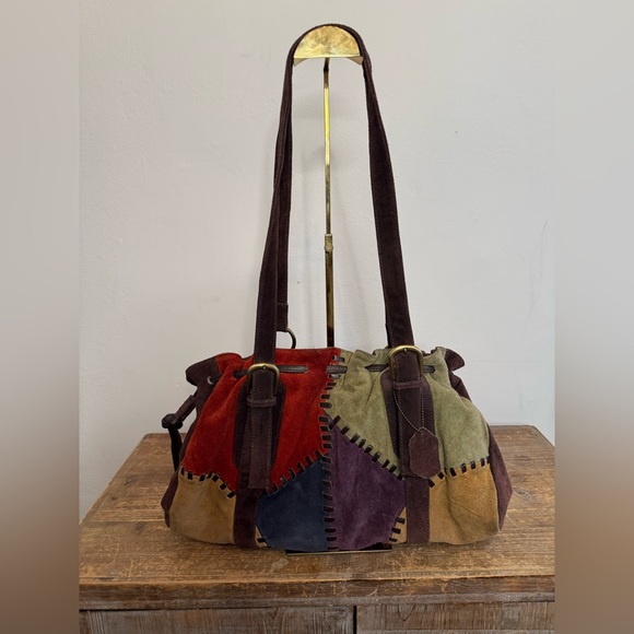 70's Retro Red Bohemian Style Suede Patchwork Leather Satchel Hobo Shoulder Bag - Picture 3 of 9